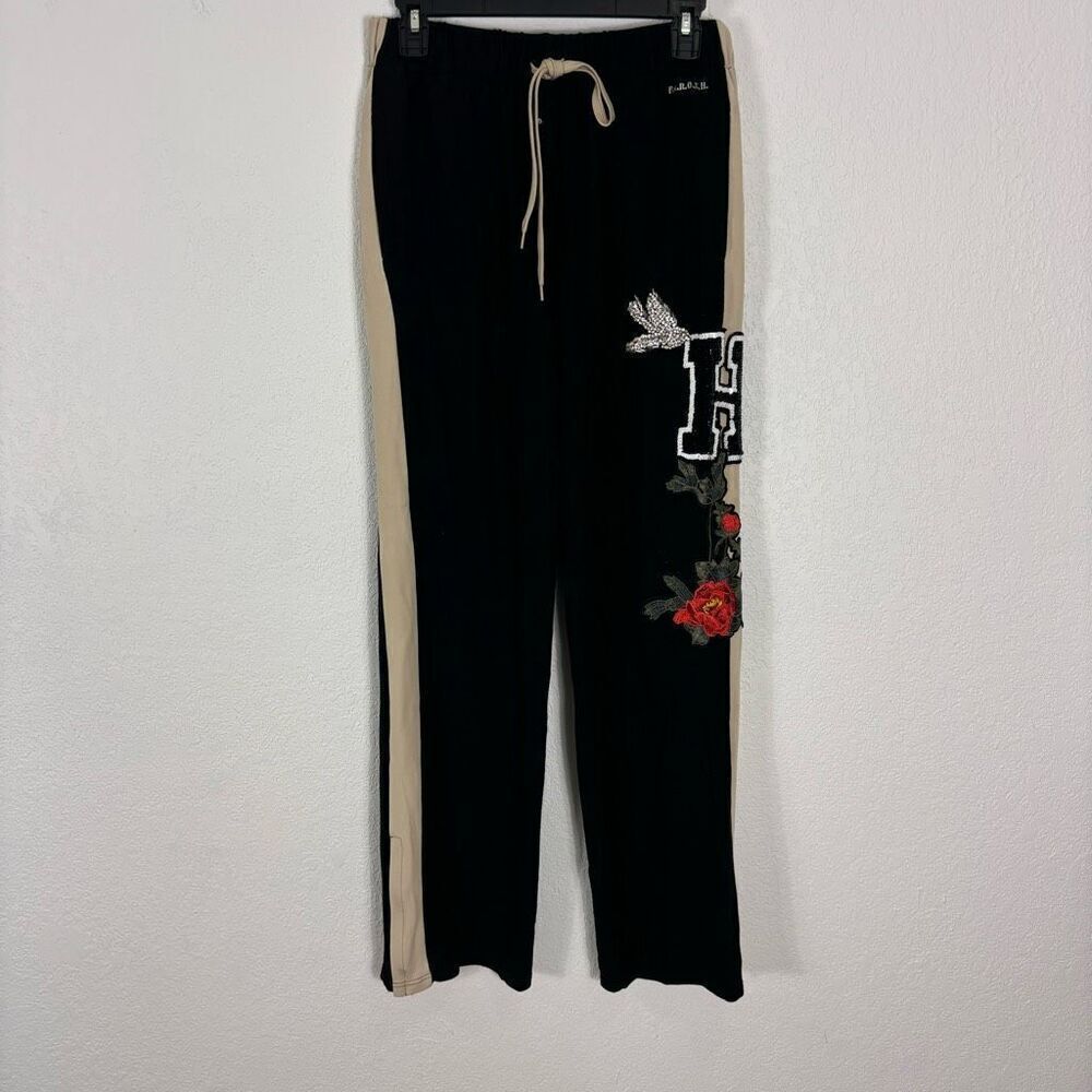 PAROSH Black w/ Cream Side Stripe w/ Jeweled Bird & Sequins H Sweatpants